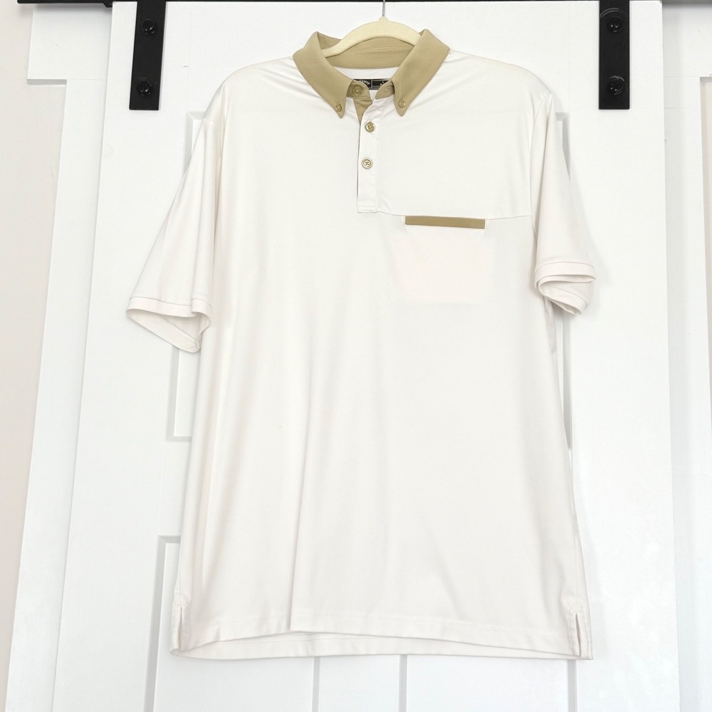Callaway Mens Golf Polo Shirt Large White Tan Contrast Collar Short Sleeve Logo